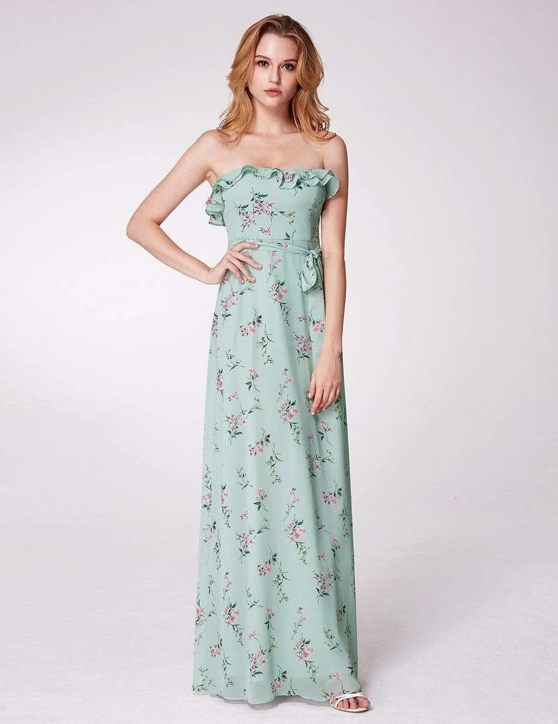 Strapless Ruffles Floral Print Maxi Dress