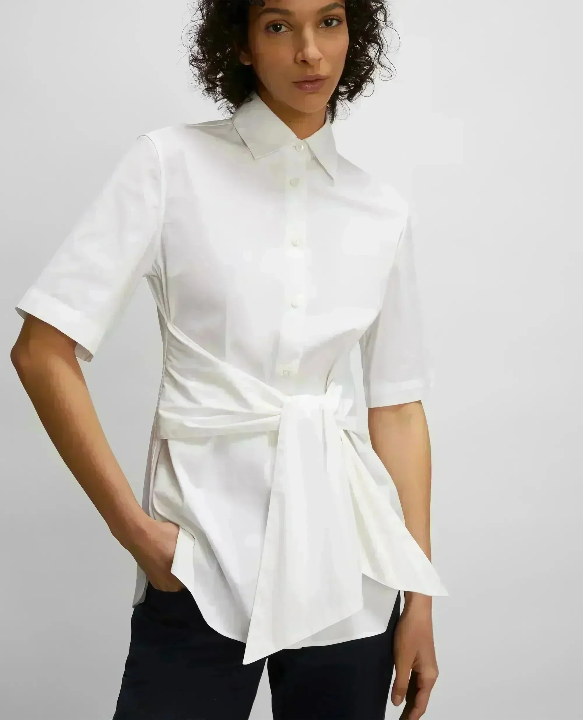 Stretch Cotton Poplin Shirt with Sash