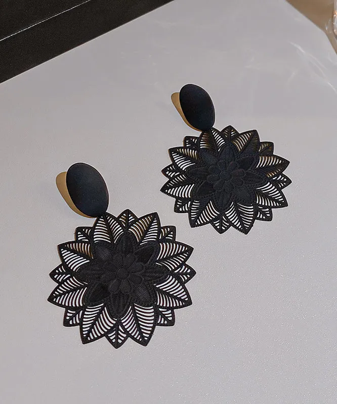 Stylish Black Sterling Silver Alloy Hollow Out Floral Drop Earrings WH002