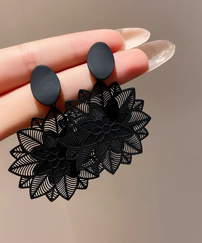 Stylish Black Sterling Silver Alloy Hollow Out Floral Drop Earrings WH002