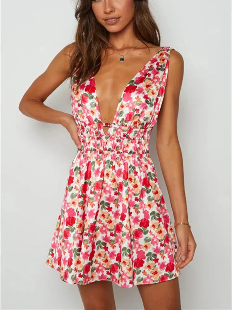 Summer V Neck Floral Print Backless Sexy Vintage Cami A-Line Dress