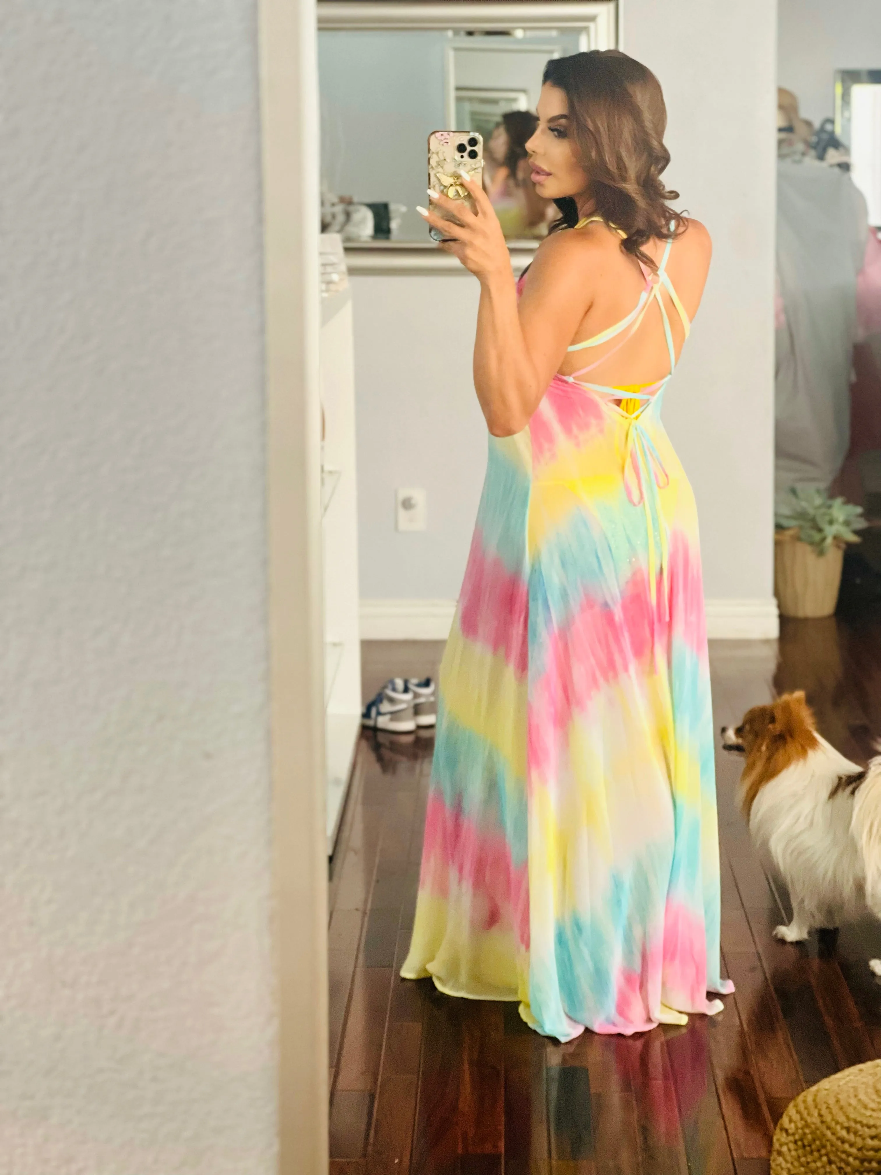 SUNDAY BEST Watercolor Multi Print Spaghetti Strap Maxi Dress