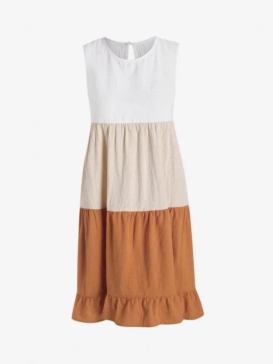 Textured Color Block Flowy Tiered Ruffle Tank Dress