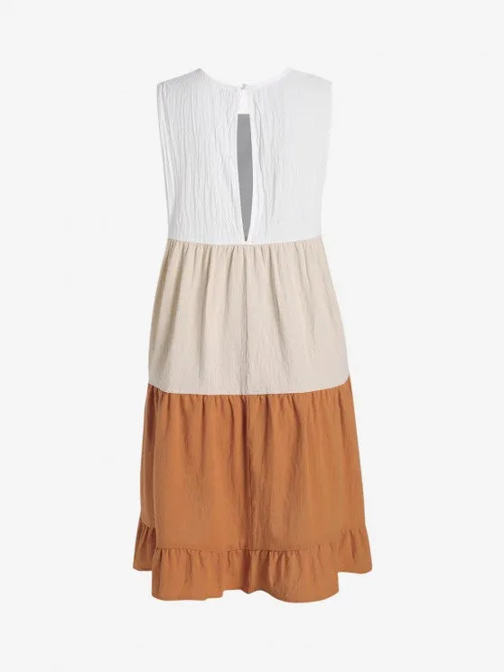 Textured Color Block Flowy Tiered Ruffle Tank Dress