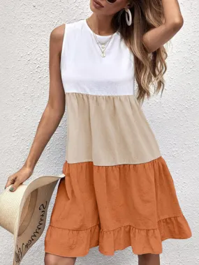 Textured Color Block Flowy Tiered Ruffle Tank Dress