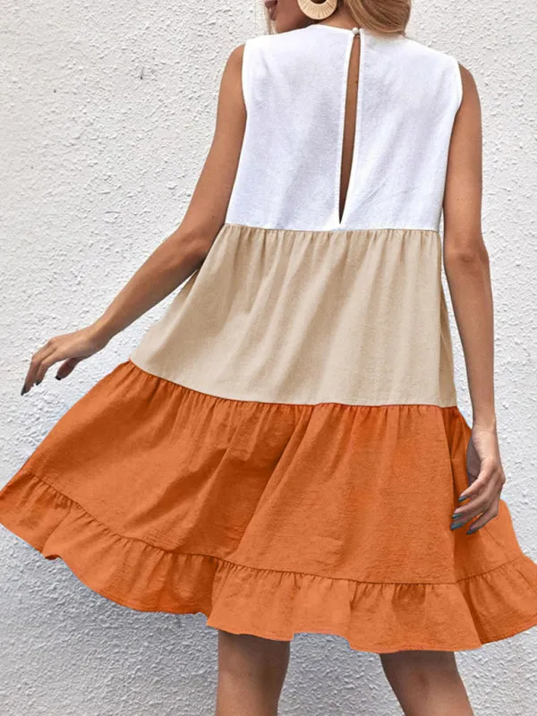 Textured Color Block Flowy Tiered Ruffle Tank Dress