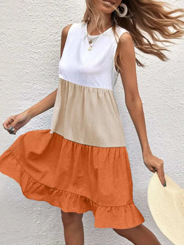 Textured Color Block Flowy Tiered Ruffle Tank Dress