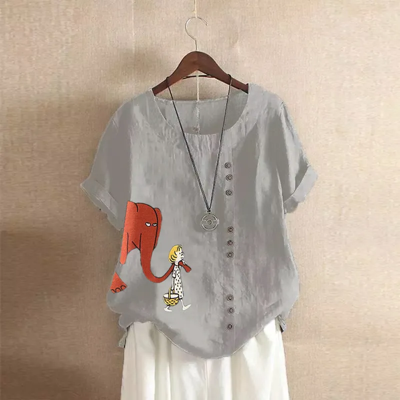 Vintage Elephant Print Cotton Blouse for Women