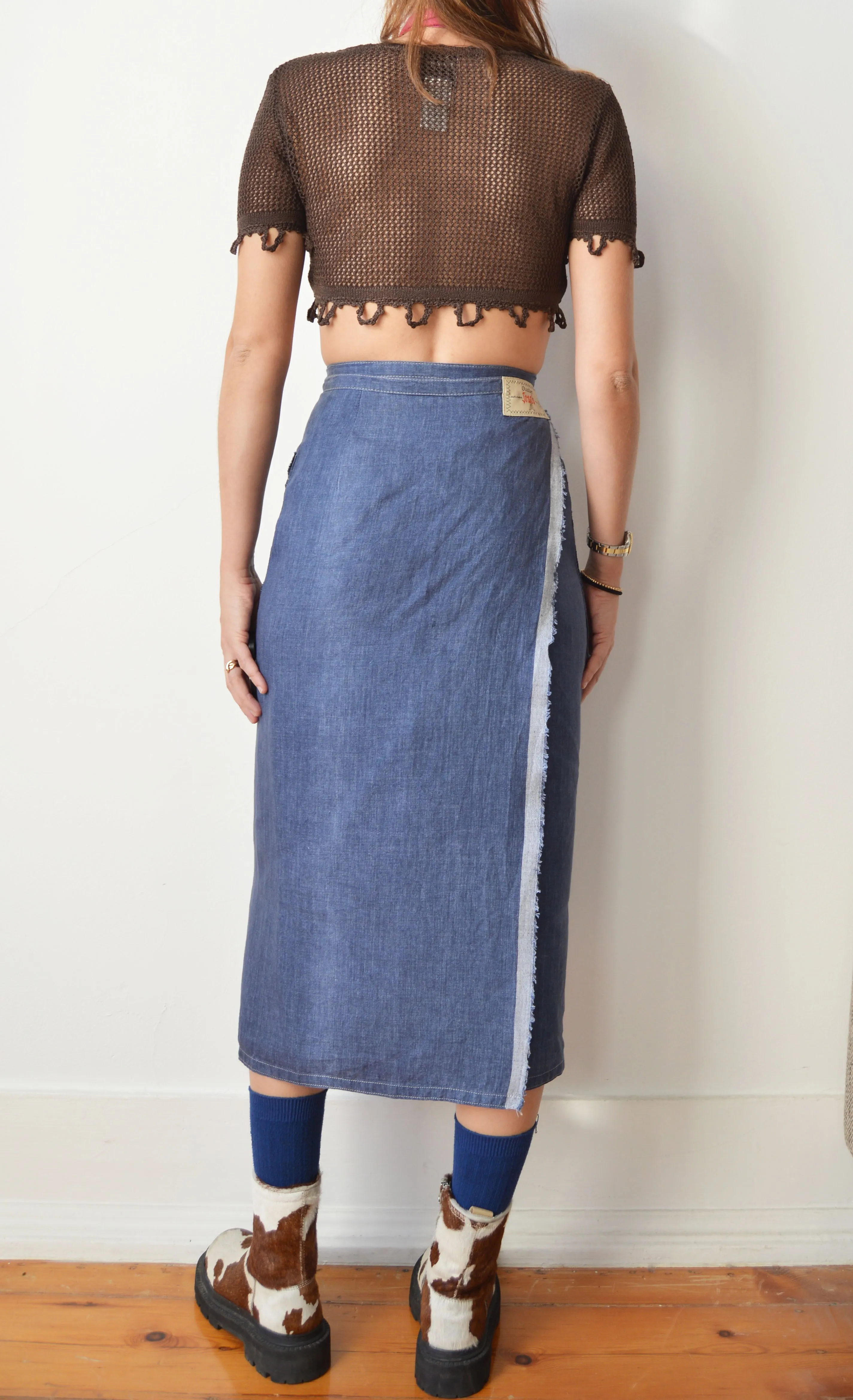 Vintage Gaultier Jeans Blue Linen Wrap Skirt