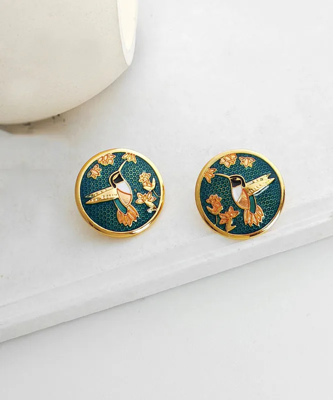 Vintage Green Hummingbird among flowers Stud Earrings