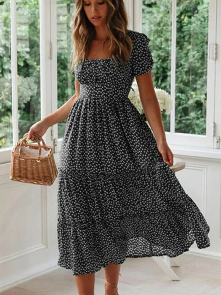 Vintage Print Puff Sleeve Beach Casual Square Collar Floral Maxi A-Line Dress