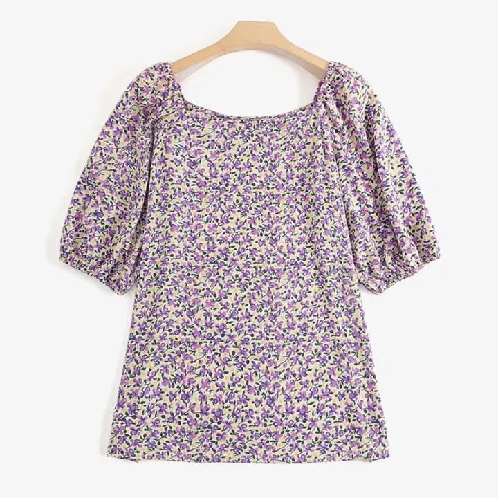 VONDA Women Floral Shirts Oversized Pullover Elegant Blouse Tops Puff Sleeve Tunic Tee S4567432