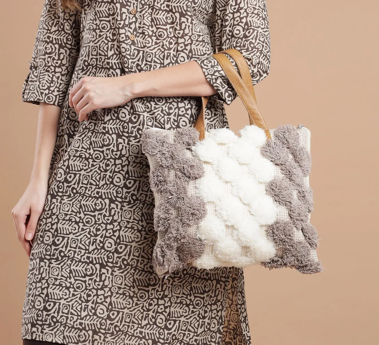 White Gray Hand Woven Tote Bag