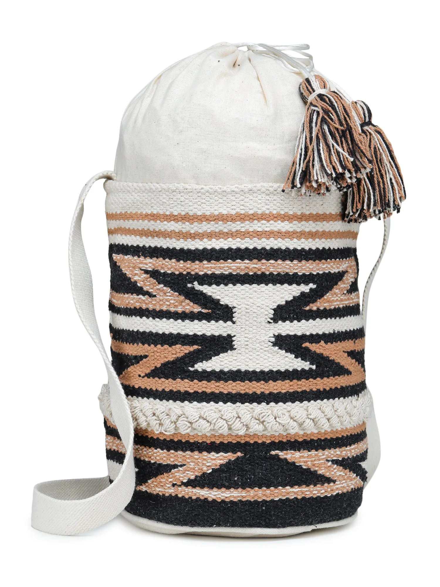 White Orange Tasseled Hand Woven Tote Bag