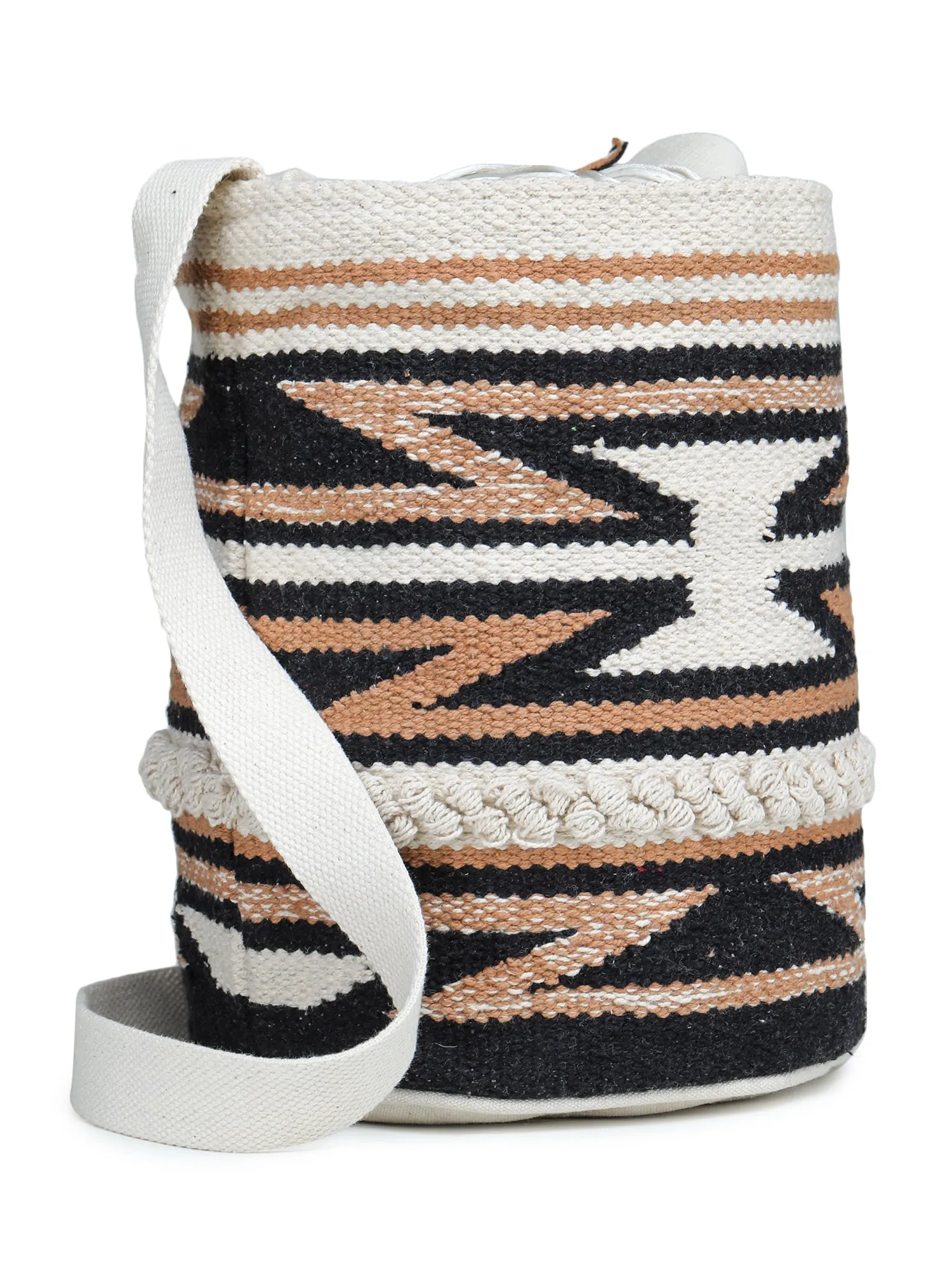 White Orange Tasseled Hand Woven Tote Bag