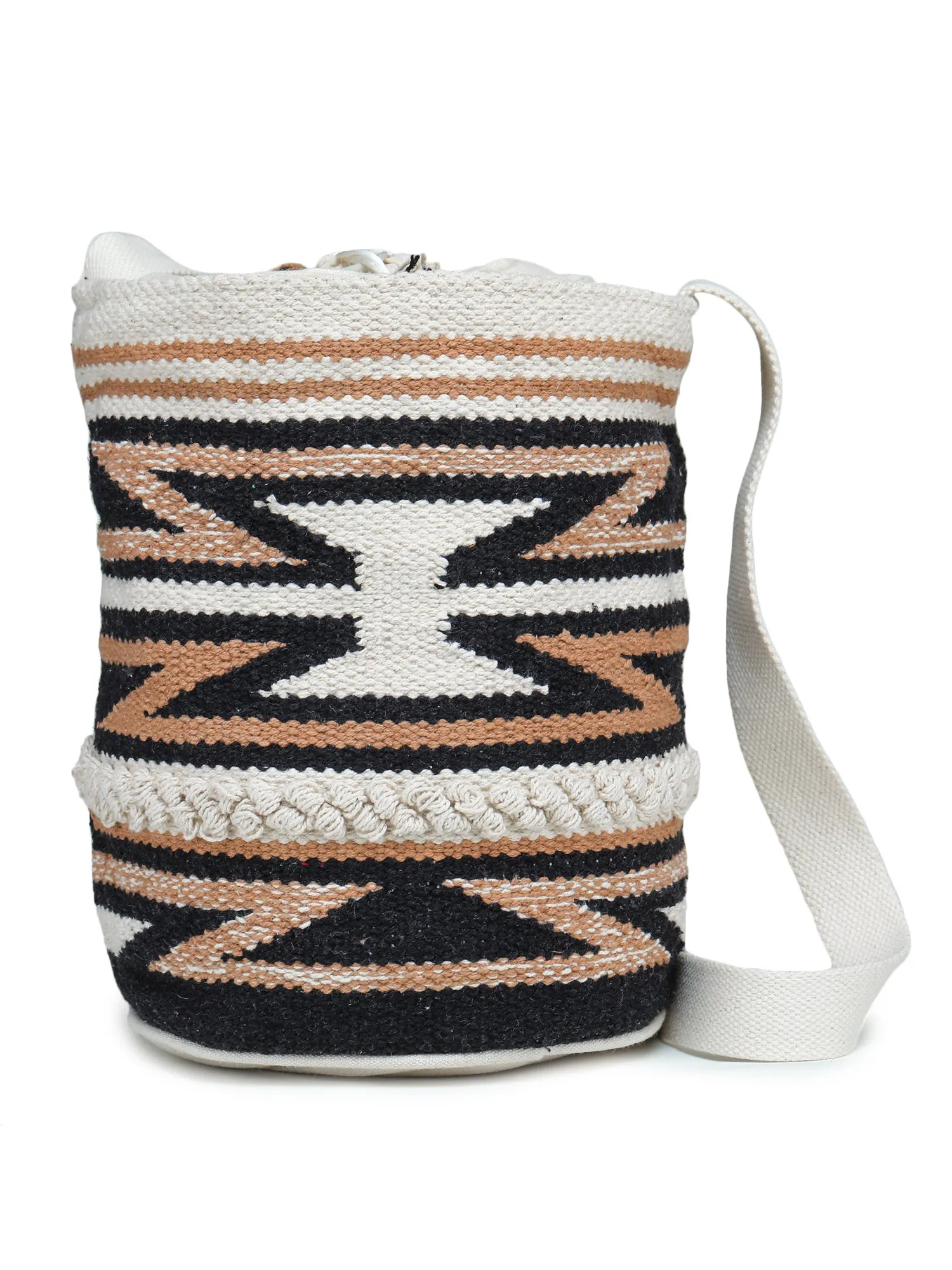 White Orange Tasseled Hand Woven Tote Bag