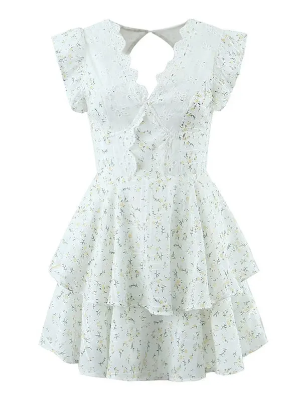 Women's Floral Double Tiered Mini Dress with Embroidery Accents