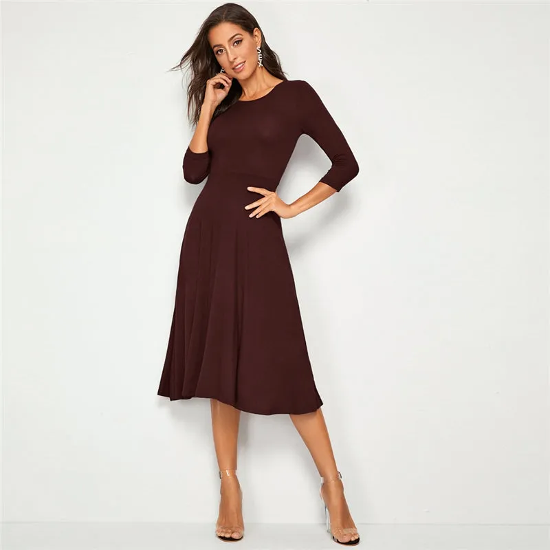 Women's Summer A-Line High-Waist O-Neck Midi Dress