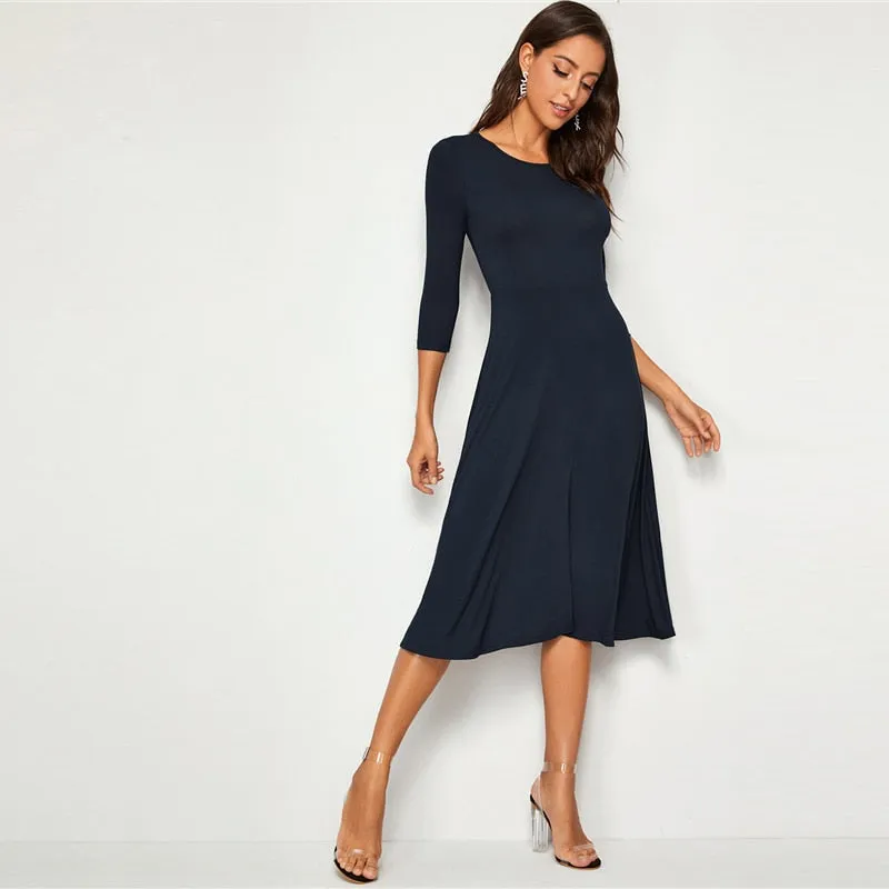 Women's Summer A-Line High-Waist O-Neck Midi Dress