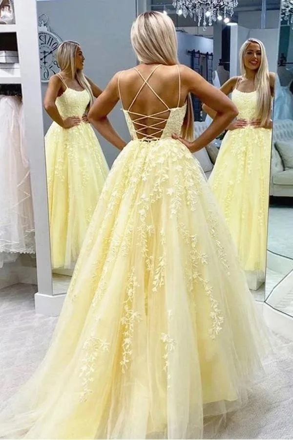 Yellow Tulle A-line V Neck Spaghetti Straps Long Prom Dresses with Appliques, SP531